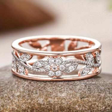 Imagem de Anéis de flor de zircônia banhada a ouro rosa em dois tons para mulheres, noivado, aliança de casamento, 9, Metal, Zircônia cúbica