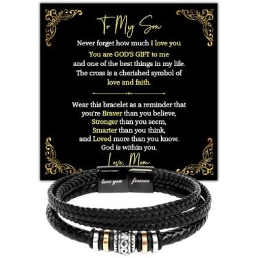 Imagem de Pulseira Son de pai e mãe, pulseiras de couro para homens, pulseira Dad To My Son em presentes de Natal, aniversário, formatura, com cartão de mensagem sincera e caixa de presente, Stadard Box, Aço