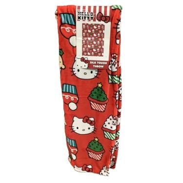 Imagem de Cobertor de toque de seda de Natal da Hello Kitty, design de feriado vermelho com estampa de cupcakes e árvores, lã de pelúcia macia, 127 x 177 cm.