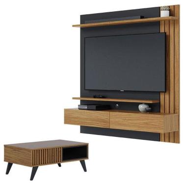 Imagem de Painel Para Tv Home Suspenso Juriti Com Mesa De Centro Jeri Noce Milano Preto Acetinado - Colibri