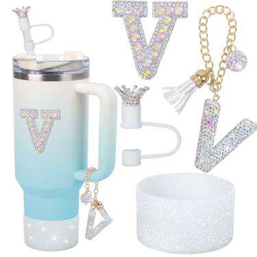 Imagem de LA KEN DU Berloques de letras para alça de copo Stanley, acessórios de bota de silicone para Stanley Cup 1,134 g 850 g, cobertura de palha de coroa e adesivo de diamante (V)