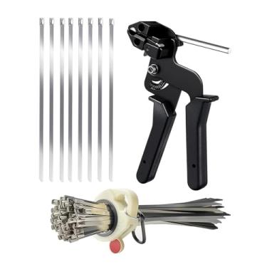 Imagem de YsXoWiui 100 abraçadeiras de metal em aço inoxidável de 30 cm (11,8 polegadas) com kit de ferramentas para fixação e corte, ideais para cercas de arame