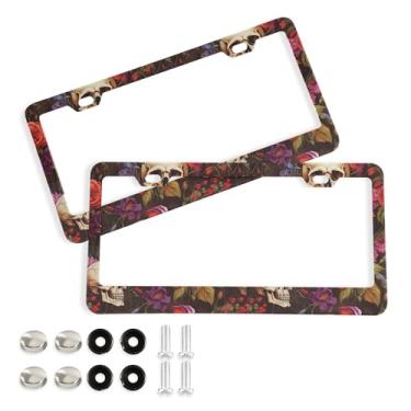 Imagem de SEHANY Molduras de placa de carro vintage rosa crânio, capas de alumínio à prova de ferrugem com furos elípticos e parafusos serve para veículos padrão dos EUA tamanho acessórios de carro para