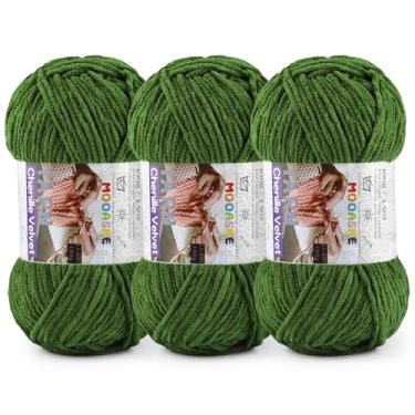 Imagem de 3 fios grossos de 100 g para crochê e tricô – Fio super volumoso de chenille de pelúcia fácil de usar 393 m - Fio de veludo ultramacio para bebês para iniciantes e projetos amigurumi, verde exército