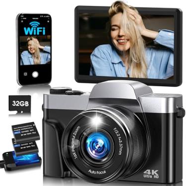 Imagem de Câmera digital 4K para fotografia com WiFi, câmera de vlogging de foco automático de 64 MP para YouTube, câmera compacta de viagem com tela flip de 7.6 cm 180° para adolescentes com cartão SD de 32 GB