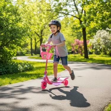 Imagem de Patinete Infantil Rosa com Cesta, Luzes LED e Som, Estrutura Metálica, Suporta 35kg, para Crianças Acima de 3 Anos
