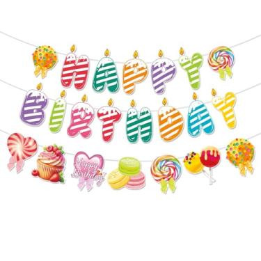 Imagem de Zwiebeco Candyland Faixa de feliz aniversário colorido pirulito doce papel pendurado decorações de festa para meninas crianças meninos doce primeiro chá de bebê acessórios suprimentos