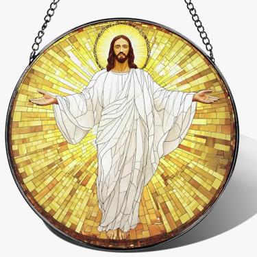 Imagem de LAOWEIKI Apanhador solar de vitral de Jesus Cristo, vitral, enfeite de Natal religioso, decoração cristã, presente para Natal, presentes religiosos, presentes cristãos