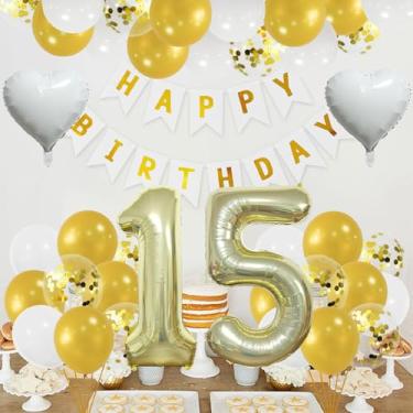 Imagem de Conjunto de balões dourados champanhe, decoração de aniversário de 15 anos, decoração de aniversário de 15 anos, guirlanda dourada feliz de 15 anos, decoração de 15 anos para meninas e meninos