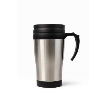 Imagem de Caneca Térmica em Aço Inox com Tampa e Alça, 380ml, Prata e Preto, para Bebidas Quentes e Frias