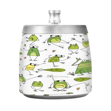 Imagem de JUZIHAI Cinzeiro de padrão de sapos engraçados com tampa, bandeja de cinzeiro de aço inoxidável inodoro à prova de vento cinzeiro sem fumaça para escritório em casa, pátio, varanda, cigarro