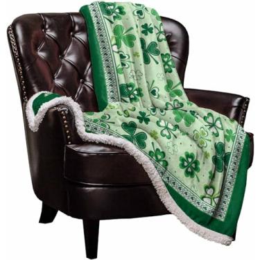 Imagem de Cobertor de lã sherpa do dia de São Patrício, cobertor de cama de trevo da sorte verde cobertor macio e aconchegante luxuoso 101 cm x 127 cm - Cobertor felpudo espesso e reversível super quente de