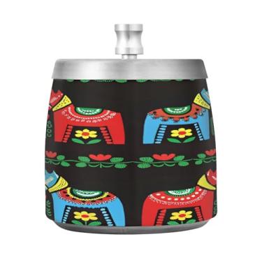 Imagem de JUZIHAI Cinzeiro de cavalo Dala sueco com tampa, bandeja de cinzeiro de aço inoxidável inodoro à prova de vento cinzeiro sem fumaça para escritório em casa, pátio, varanda, cigarro