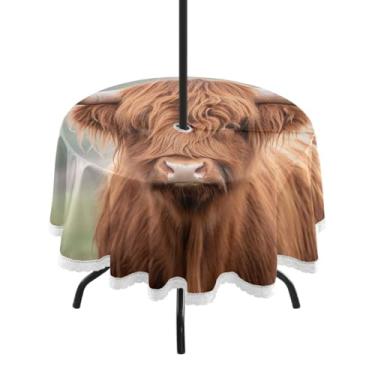 Imagem de Qilmy Toalha de mesa Highland Cow redonda impermeável de 152 cm com orifício para guarda-chuva e zíper – uso externo / interno resistente para pátio, churrascos, piqueniques, festas (serve para mesas