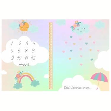 Imagem de Lençol Cenário Fotos Mêsversário Chuva Amor Minha Estrelinha MDF Registro Mensal Fundo Fotográfico Painel Decorativo para Bebê Estampa Delicada Acompanha Marcador