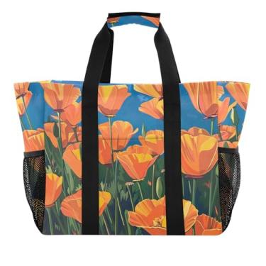 Imagem de ODAWA Bolsa de praia resistente à água com papoulas vibrantes, bolsa leve para uso diário e compras de supermercado, Papoulas vibrantes, One Size