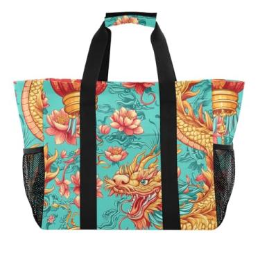 Imagem de ODAWA Bolsa de compras colorida com dragão chinês resistente à água, bolsa de praia dobrável para verão e academia, Dragão chinês colorido, One Size