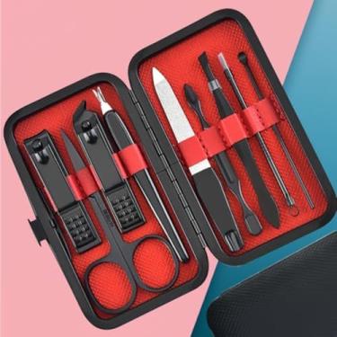 Imagem de Kit de manicure completo 9 em 1 – Ferramentas de aço premium com estojo de viagem de couro elegante para mãos e pés - vermelho
