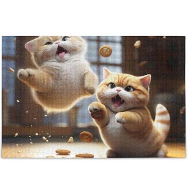 Imagem de Quebra-cabeças adultos personalizados de gato gordo pulando 1000 peças cenário animal arte decoração natureza quebra-cabeças engraçados presentes de jogo de quebra-cabeça, 75 x 50 cm