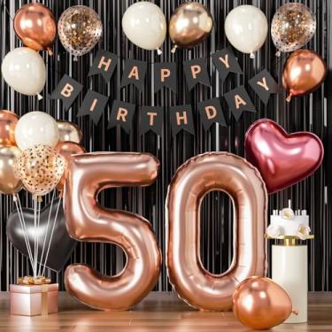 Imagem de Decorações de aniversário de 50 anos, balões de ouro rosa e preto, 50 balões rosa choque, faixa Happy 50, ouro rosa, número 50, balão para mulheres de 50 anos, decoração de festa de aniversário