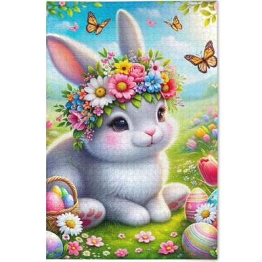 Imagem de Quebra-cabeça coelho floral coelho da Páscoa 500 peças cenário adultos arte animal natureza quebra-cabeças personalizado família elefante branco, presentes, 52 cm x 37,8 cm