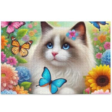 Imagem de Quebra-cabeça adulto floral gato Ragdoll fofo personalizado 500 peças cenário arte floral legal grande quebra-cabeças presentes tecnológicos para amantes quebra-cabeça, 52 cm x 37,8 cm