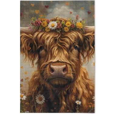 Imagem de Quebra-cabeças para adultos com flores de vaca Highland fofas personalizadas, 500 peças, pintura de arte floral, quebra-cabeças difíceis, divertidos, bobos, 52 x 37,8 cm