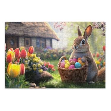 Imagem de Quebra-cabeça 500 peças para adultos engraçado cena de inverno quebra-cabeça arte brinquedo pintura coelho fofo tulipas jardim de casa de campo, 51 x 37 centímetros