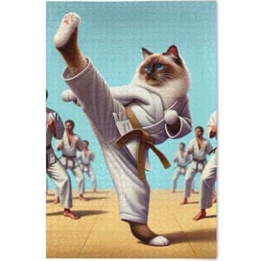 Imagem de Quebra-cabeça adulto engraçado gato karatê 500 peças amigos família presentes personalizado exclusivo quebra-cabeça cenário arte animal, 52 cm x 37,8 cm