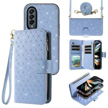 Imagem de Compatível com Samsung Galaxy Z Fold 4 5G 2022 capa carteira com zíper celular alça transversal com glitter flip porta-cartão slot capa de telefone para ZFold4 Z4 Fold4 ZFold 4Z ZFold45G feminino azul