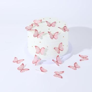 Imagem de 48 peças borboletas comestíveis para decorações de bolo, papel wafer rosa, topo de cupcake de borboleta, bolacha, papel glutinoso, borboletas para casamento, chá de bebê, crianças, decoração de