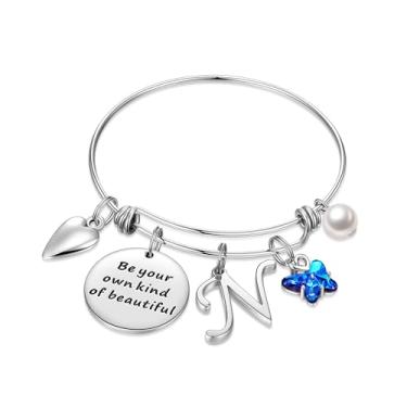 Imagem de Pulseiras com pingente inicial para mulheres joias presentes Be Your Own Kind of Beautiful Pulseira de borboleta expansível inspiradora de aço inoxidável letra A-Z presentes de aniversário e Natal