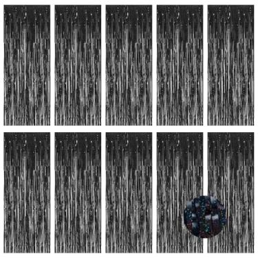 Imagem de Pacote com 10 cortinas de alumínio preto, cenário de 1 m x 3 m, cortinas metálicas de franja de folha de estanho, cenário de cabine de fotos, cenário para festa de aniversário, noivado, despedida de