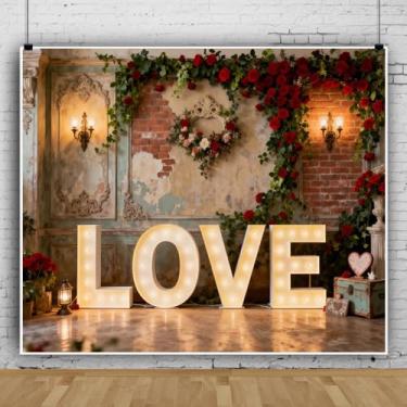Imagem de Cenário de Dia dos Namorados 3,7 x 2,4 m, vintage, flor de tijolo vermelho, para fotografia, romântica, rosa, decoração de Dia dos Namorados, para festas, galentinas, adereços de fotos