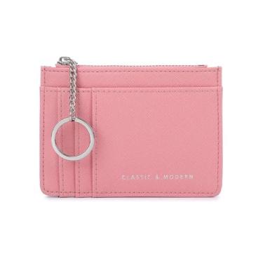 Imagem de Carteiras femininas de couro com bolso frontal fino e rosa com bloqueio de RFID com porta-cartões com chaveiro