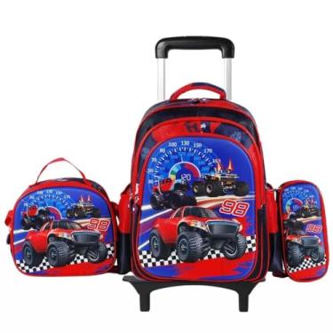 Imagem de Mochila escolar de rodinhas com LED, kit 3 peças com mochila. lancheira forrada e estojo, para meninos e meninas de 6 a 12 anos (CARRINHO)