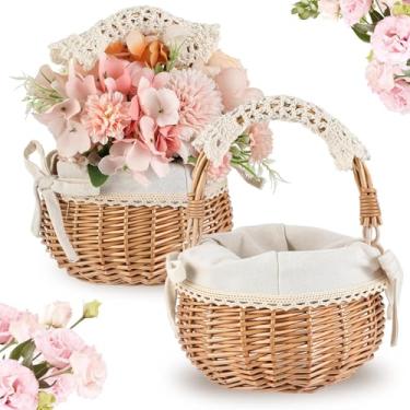 Imagem de Weysat 2 peças de cesta pequena para meninas de flores com alça, forro de tecido, conjunto de cesta de flores de vime, rústico, fofo, tecido à mão para decoração de casa, piquenique, jardim, doces