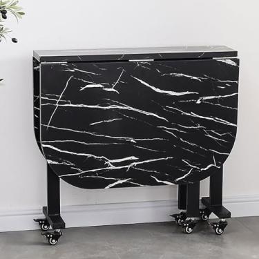 Imagem de ZXLPHA Mesa de jantar de madeira, mesa de jantar dobrável com 6 rodas, mesa de cozinha dobrável com suporte de aço carbono, móveis dobráveis extensíveis para economia de espaço, dobrável em 3