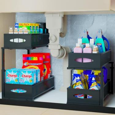 Imagem de Bepuo Pacote com 2 organizadores embaixo da pia, prateleira de pia de 2 camadas, prateleiras organizadoras de armário, prateleira embaixo da pia, gaveta deslizante de metal para cozinha, banheiro