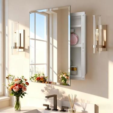 Imagem de Habison Armário de remédios de plástico com espelho 43 x 68 cm, armário de remédios embutido ou armário de banheiro com prateleiras ajustáveis, armário espelhado de borda chanfrada