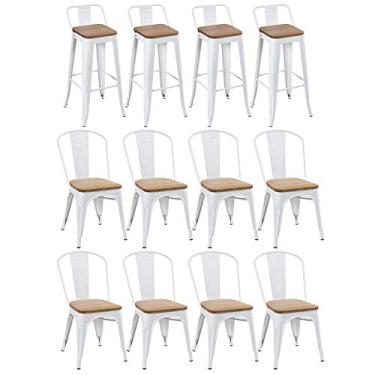 Imagem de Loft7, KIT - 8 cadeiras + 4 banquetas altas Tolix com encosto - Branco com assento de madeira rústica clara