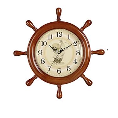 Imagem de Relógio de parede retrô de madeira maciça com leme de 30 cm, silencioso, sem tique-taque, operado por bateria, para casa/escritório/cozinha - bandeja de papel grande marrom