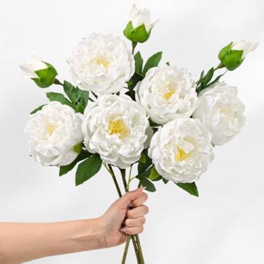 Imagem de MARTINE MALL 3 peças de peônias de toque real, flores artificiais, 56 cm, peônias artificiais brancas, flores de látex, grandes peônias falsas, para mesa de centro de mesa, festa de casamento