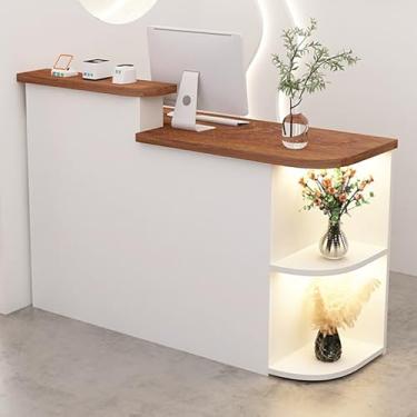 Imagem de Mesa de recepção moderna com gaveta trancável e prateleira de armazenamento de canto, balcão de caixa de varejo para negócios, mesa de recepção de recepção para escritório, balcão frontal branco (120