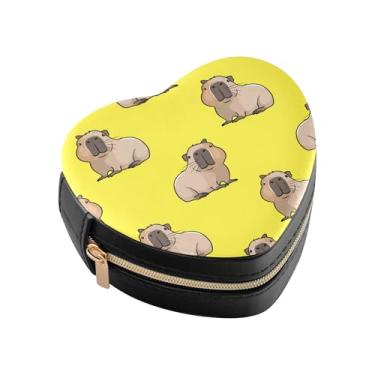 Imagem de Burbuja Linda caixa de joias em forma de coração de capivaras mini estojo de joias de viagem para mulheres e meninas, estojo portátil organizador de armazenamento para brincos, anéis, colares e