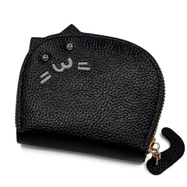 Imagem de Carteiras femininas porta-cartões fashion estojo de armazenamento bolsa de armazenamento gatinho zíper carteiras PU, Preto, Carteira feminina