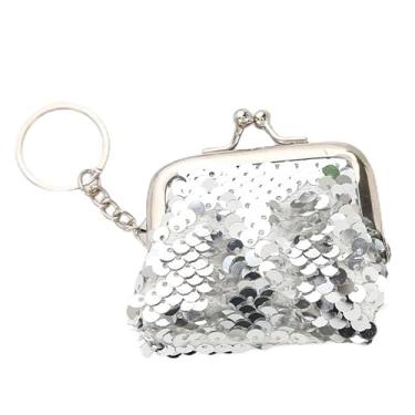 Imagem de Bolsa feminina de 7,6 cm com lantejoulas, porta-moedas, com chaveiro, brilhante, mini bolsa de troca de moedas, carteira de lantejoulas, Prata
