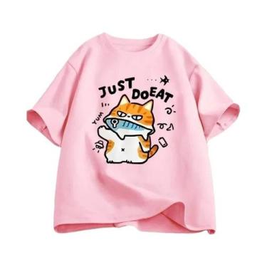 Imagem de Camiseta Feminina Engraçada Com Estampa De Gato Comendo Peixe, Gola Re