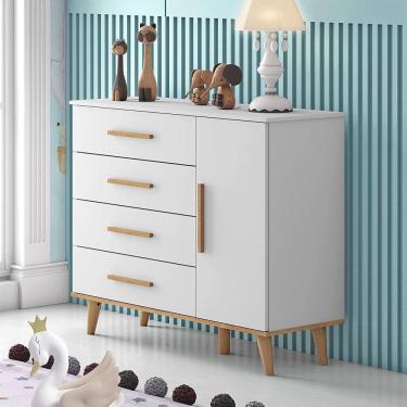 Imagem de Cômoda Fraldário 1 Porta 4 Gavetas Pés Palito Ludmila Carolina Baby Branco/Bétula