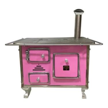 Imagem de Mini Fogão A Lenha Rosa Esmaltado Decorativo Funciona Normal Cor:Rosa 
